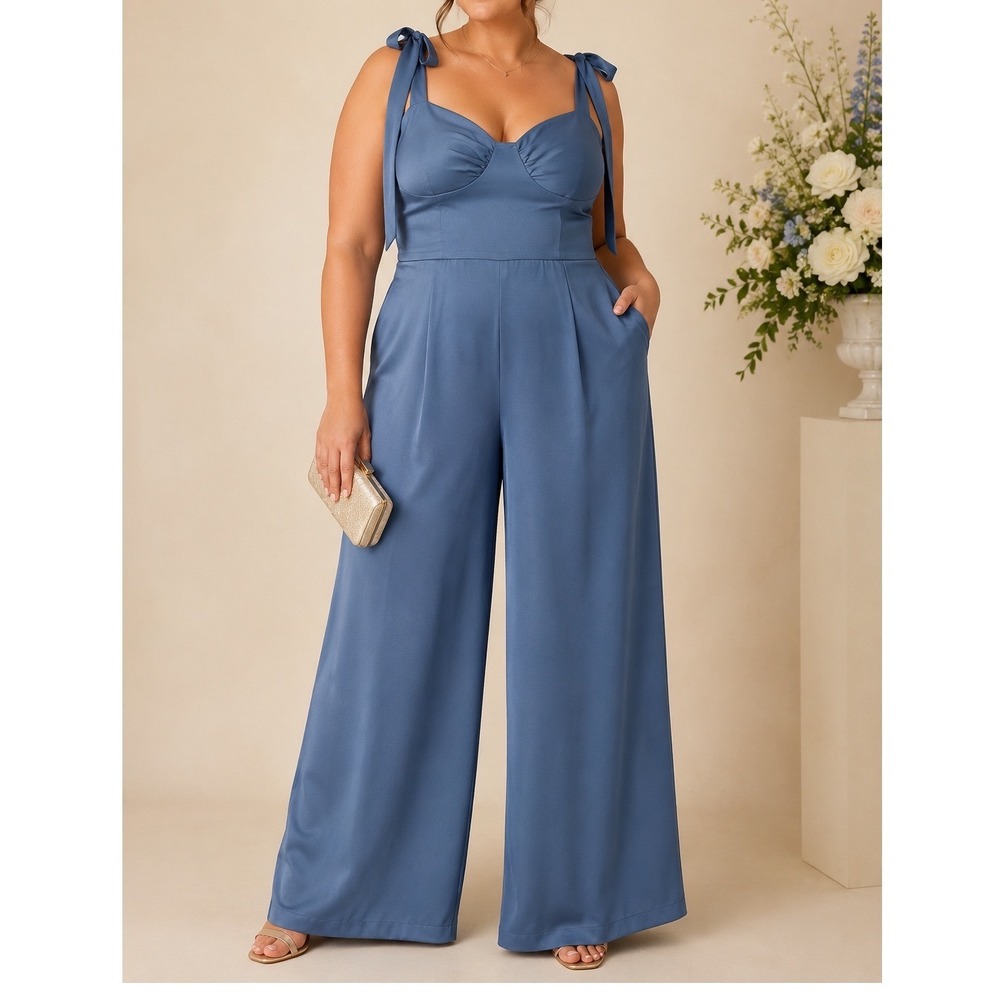 Cider Satin Tie Strap Wide Leg Jumpsuit Dusty Blue XL NWT Wedding Guest